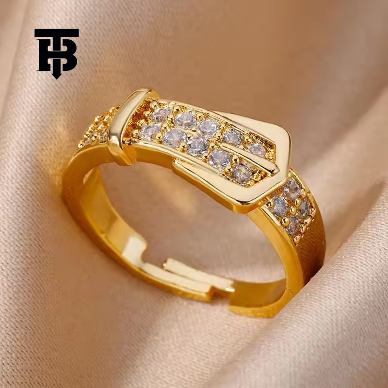 TB BHULAMTE Free Shipping New Designer Accessory Zircon Inlaid Belt Ring 18K Gold-plated Adjustable Open Women's Ring Jewelry