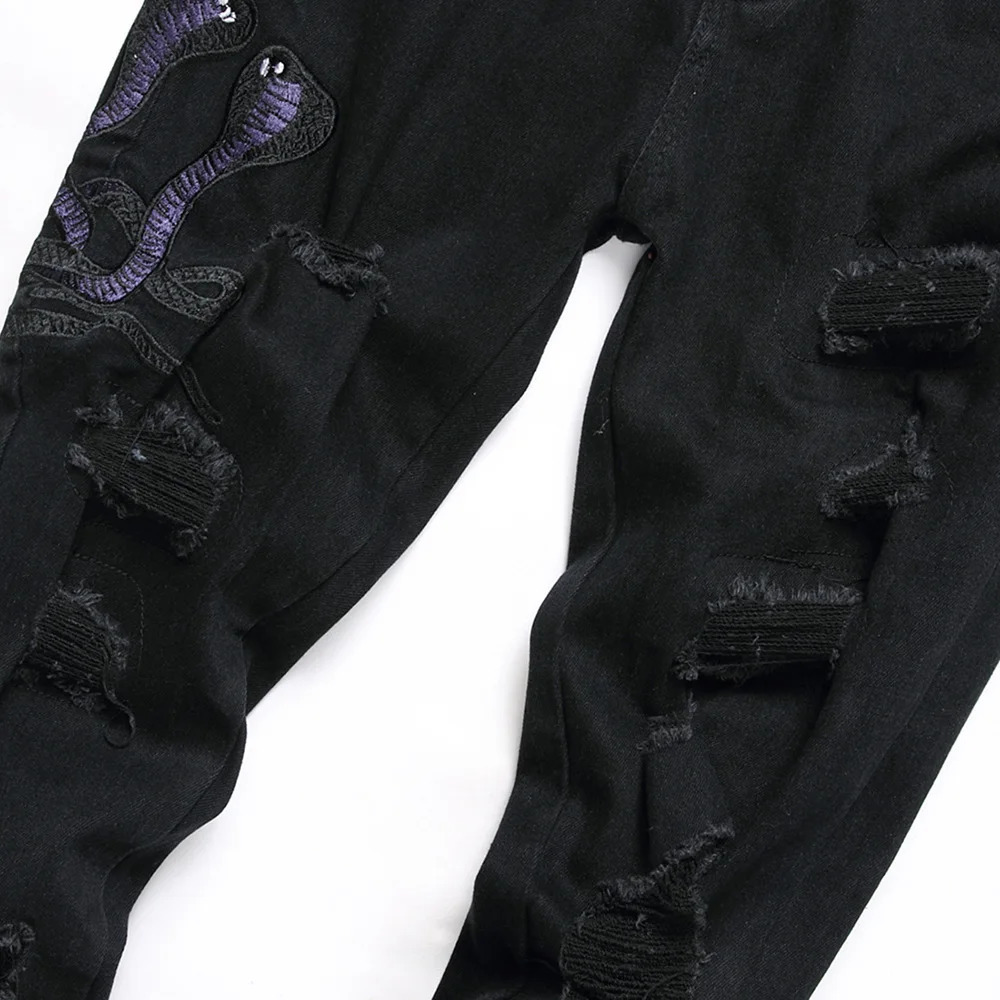 Men Snake Embroidery Jeans Streetwear Black Stretch Denim Pants Holes Ripped Distressed Slim Straight Trousers 250909