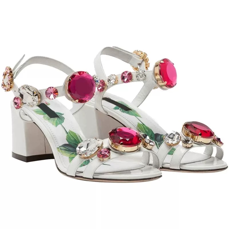 heels sandals Summer New designer shoes Bohemia Rhinestone Thick Heel Sandals Fashion Open Toe Print Gemstone Buckle Strap Dress High Heels Ladies 6Cm