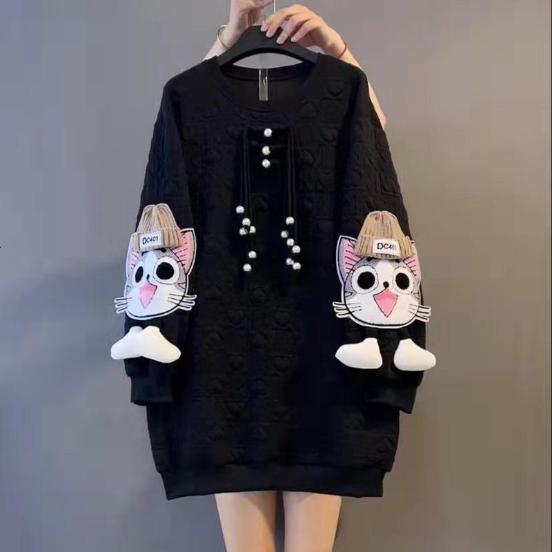 New Woman Winter Unique Style Black Dress Plus Size Midi PU Long Sleeve Cartoon Pocket Fringes Ladies Cute Large Dress Robe 3084 210322