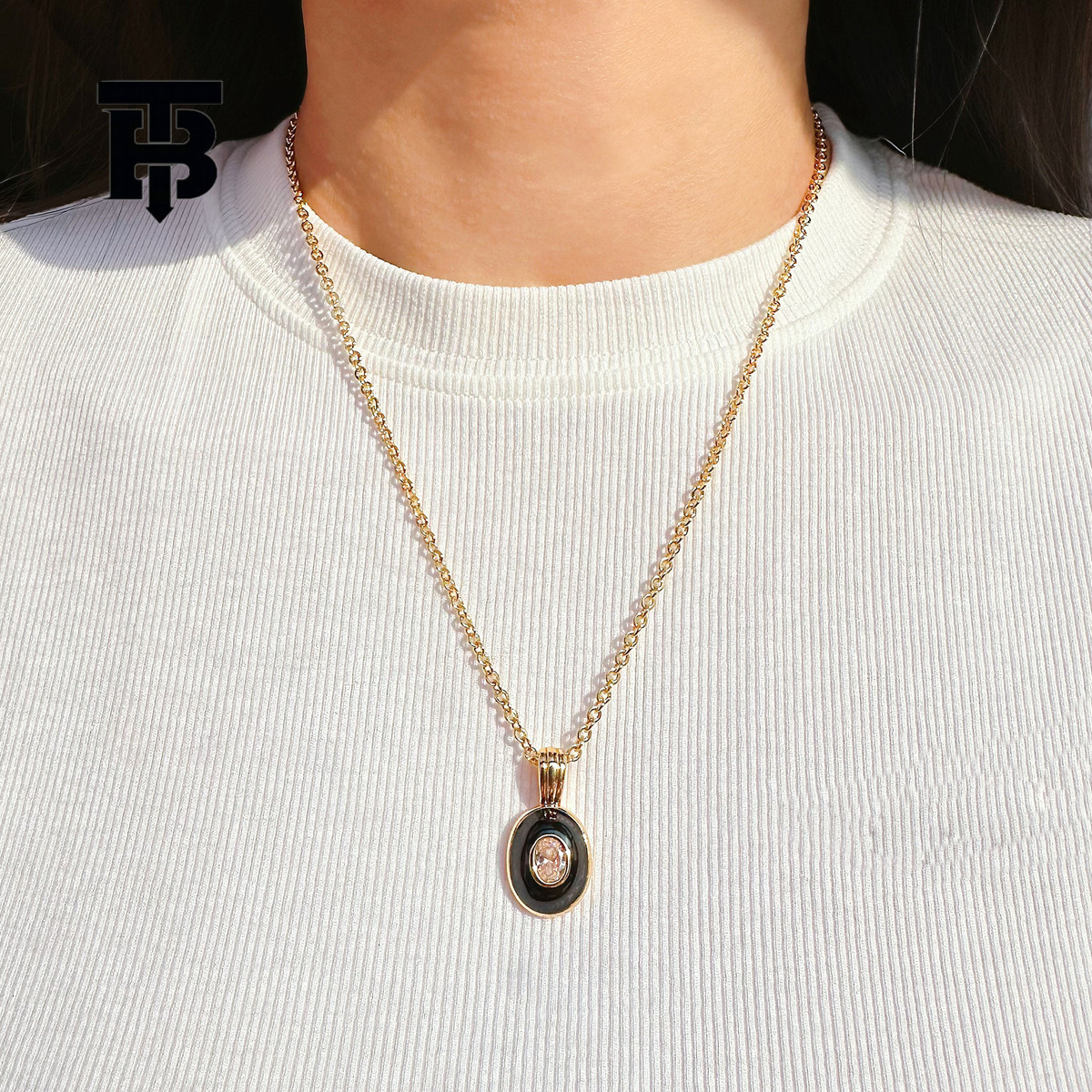 TB BHULAMTE Free Shipping New Designer Accessories Black Gold Enamel Oval Pendant Necklace Fashion Inlaid Zircon Layered Sweater Chain