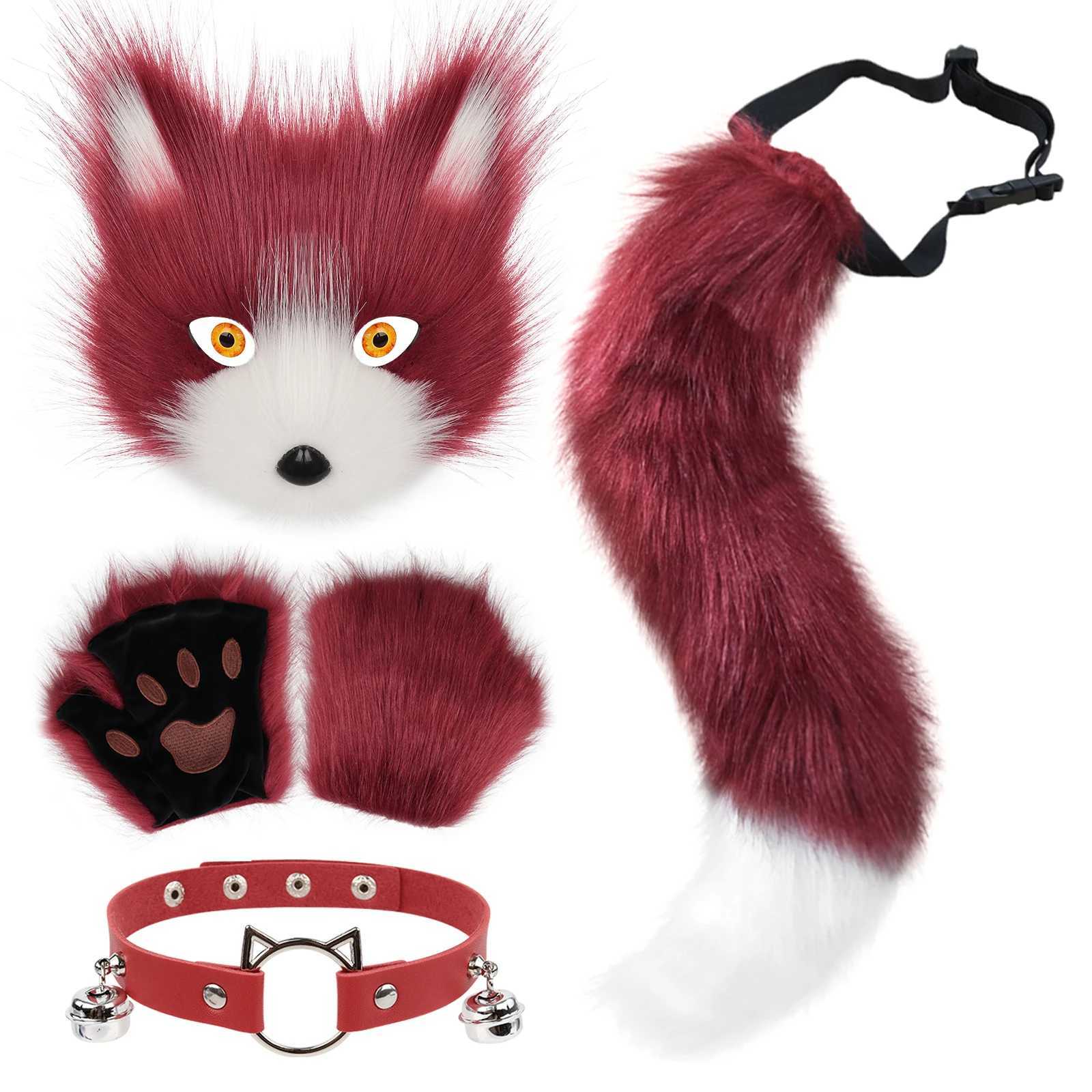 Faux Fur Fox Tail Cat Mask Paw Gloves and Leather Choker Costume Accessories Set for Cosplay Parties H250908