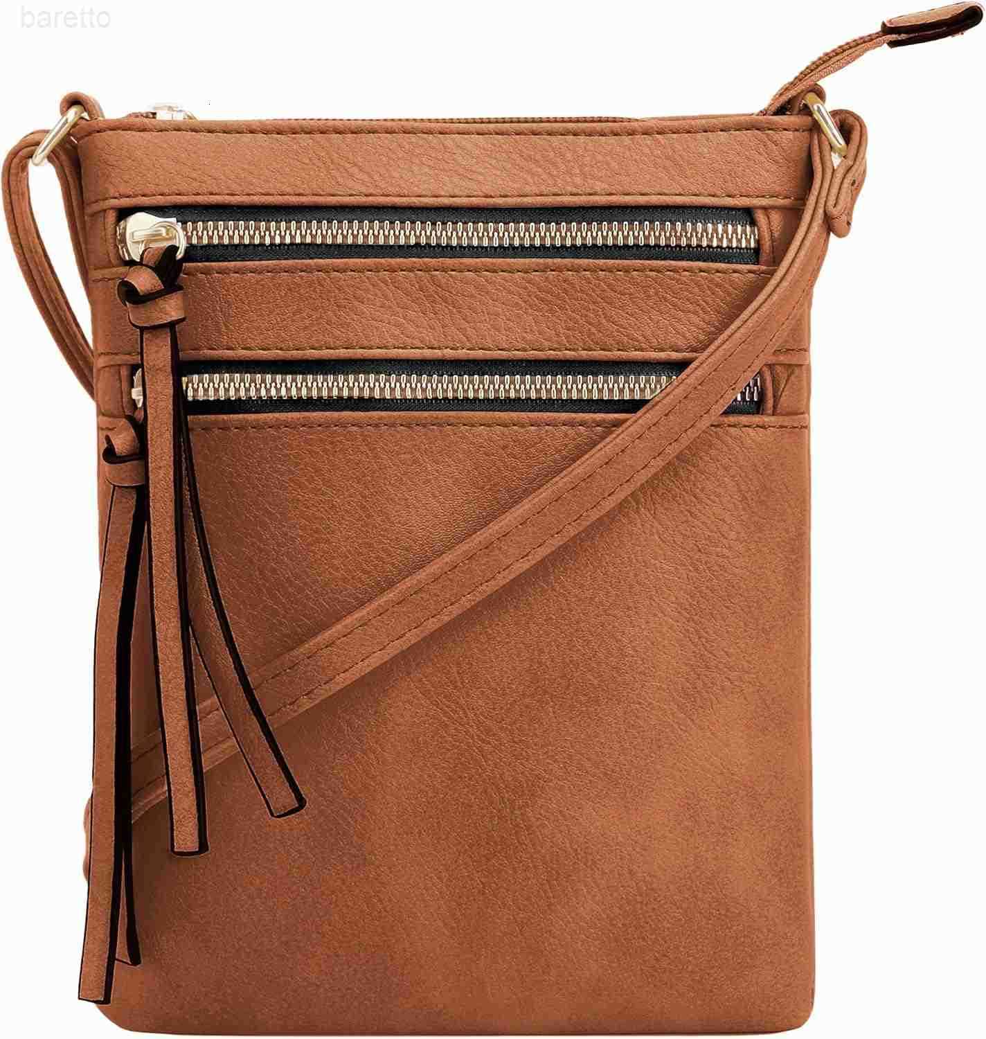 Crossbody Purse Bag Functional Multi Pocket Double Zipper Purse Adjustable Strap Medium Size Purse Cognac Z250909