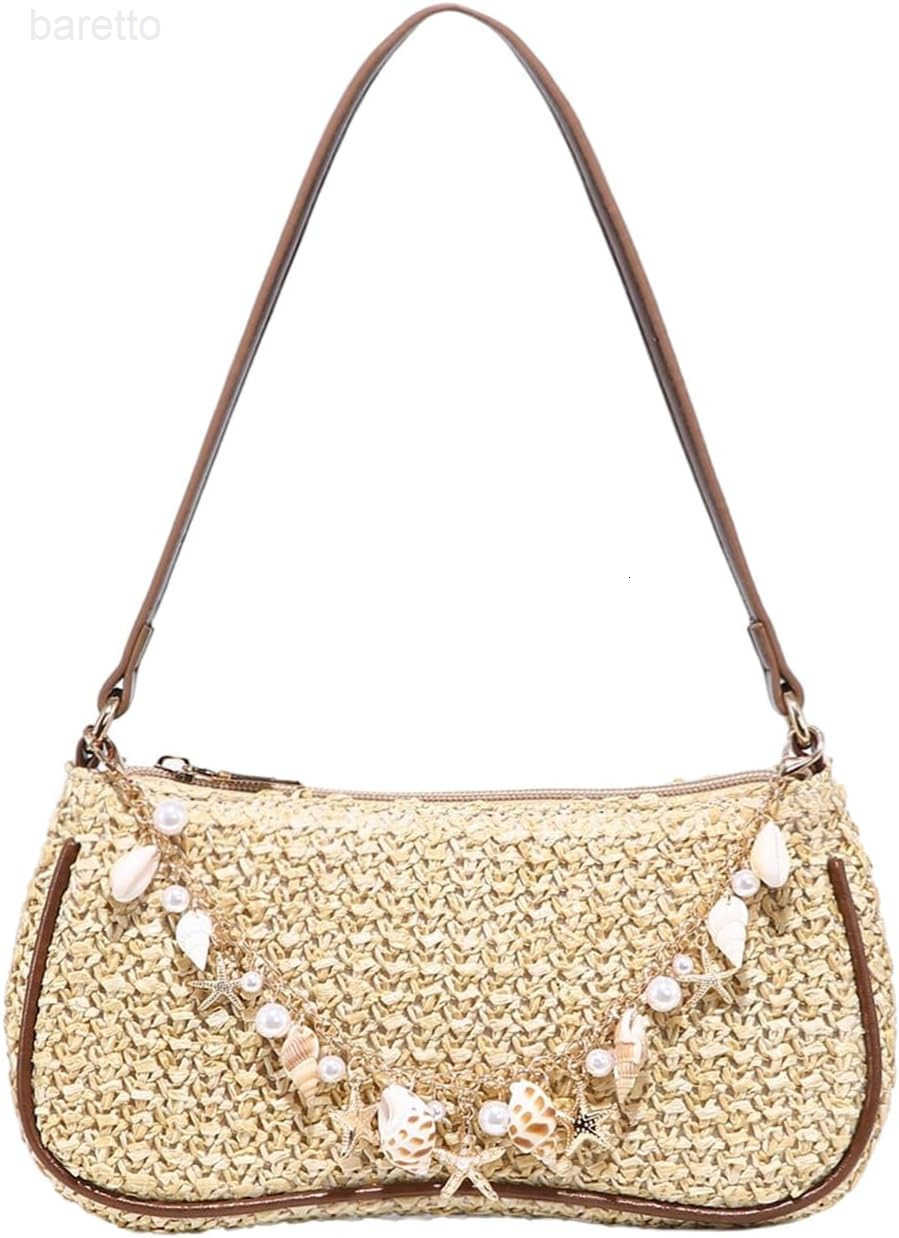 Womens Boho Seashell Pearl Beaded Straw Bags Zipper Single Strap Underarm Purses Z250909