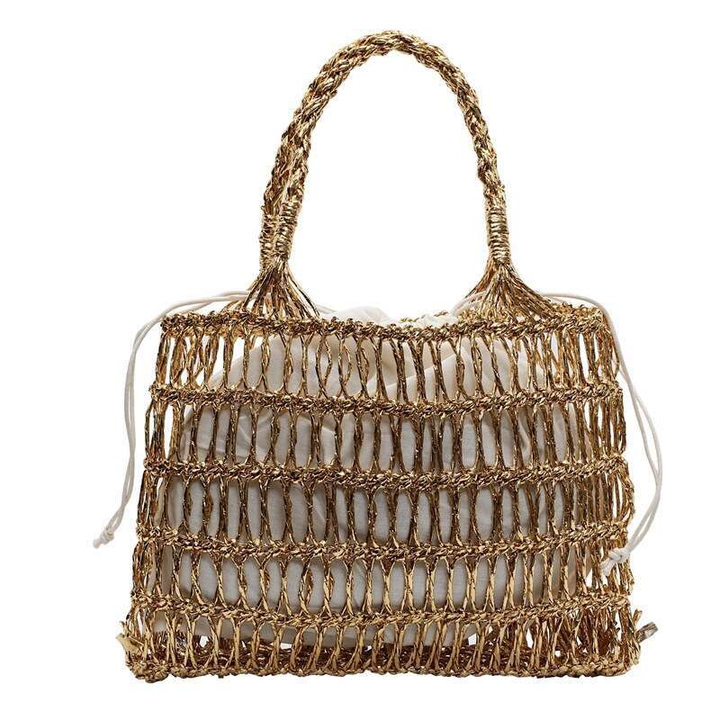 Shiny Korean INS Gold And Silver Thread Holiday Hollow Crochet Woven Personality Beach Handheld Basket Bag For Women