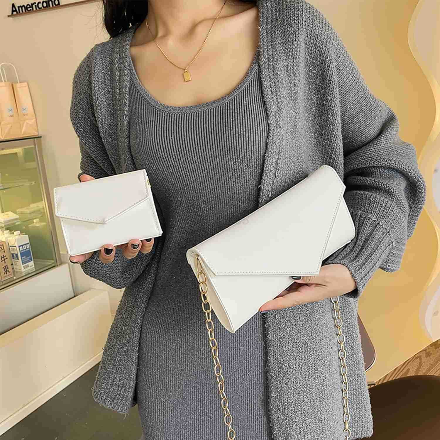 2Piece Envelope Clutch Purse Set wChain Strap Wallet Leather Womens Crossbody Shoulder Evening Party Handbag Z25909