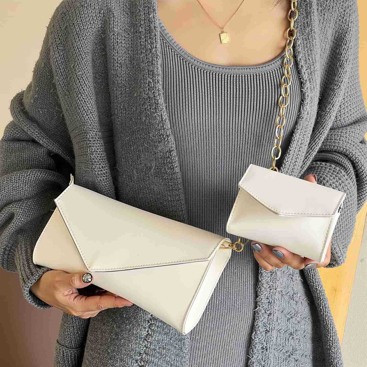 2Piece Envelope Clutch Purse Set wChain Strap Wallet Leather Womens Crossbody Shoulder Evening Party Handbag Z25909