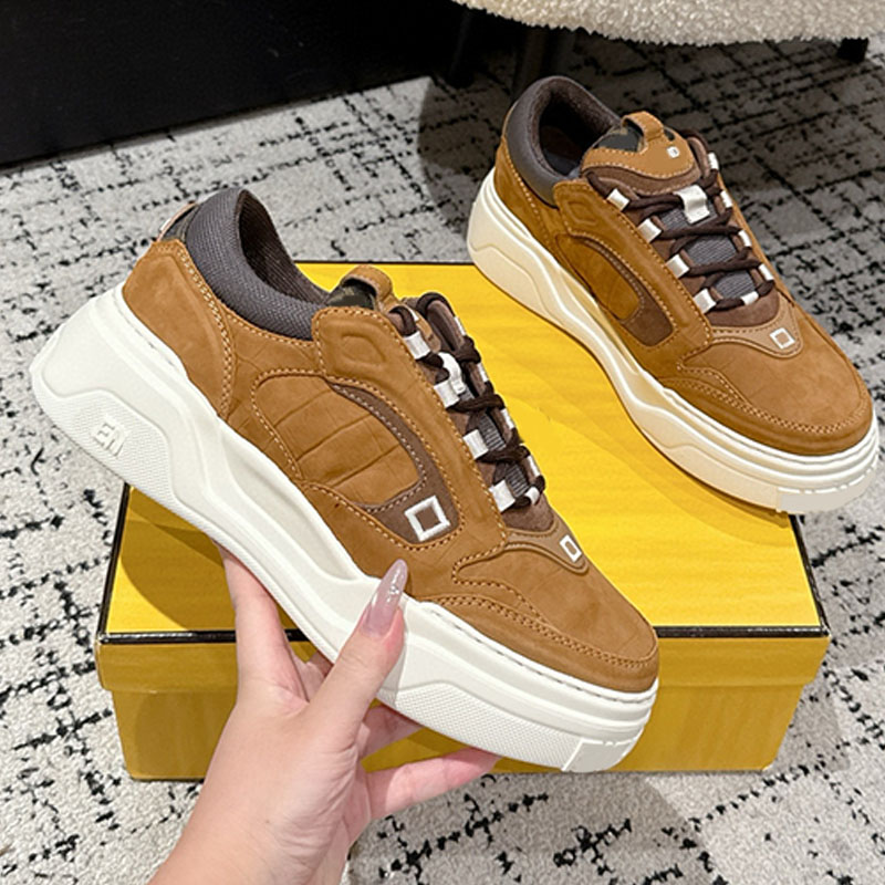 Classic Mens Force Sneakers Beige Leather Round Headed Low Tops Sports Shoes Brown Suede Embroidered Pattern Lightweight Chunky White Rubber Sole Shoes