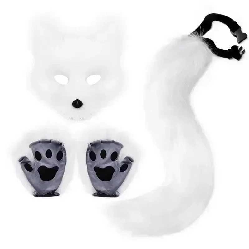 Fluffy Fur Fox Tail Cat Paws Gloves and Ears Headwear Face Mask Cosplay Costume Wolf Therian Mask Set Halloween Party Accessorie H250908