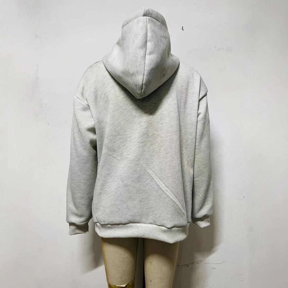 European and American Simple Gray Leopard Print Five-Pointed Star Loose Hooded Sweatshirt for Girls Basic Versatile Autumn Winter Pullover Top