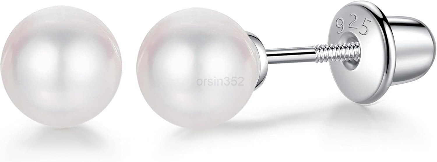 Pearl Earrings with Screw Back for Women 925 Sterling Silver Sensitive Genuine 6mm White Real Round Cultured Pearls Stud Everyday Earrings Studs Ladie