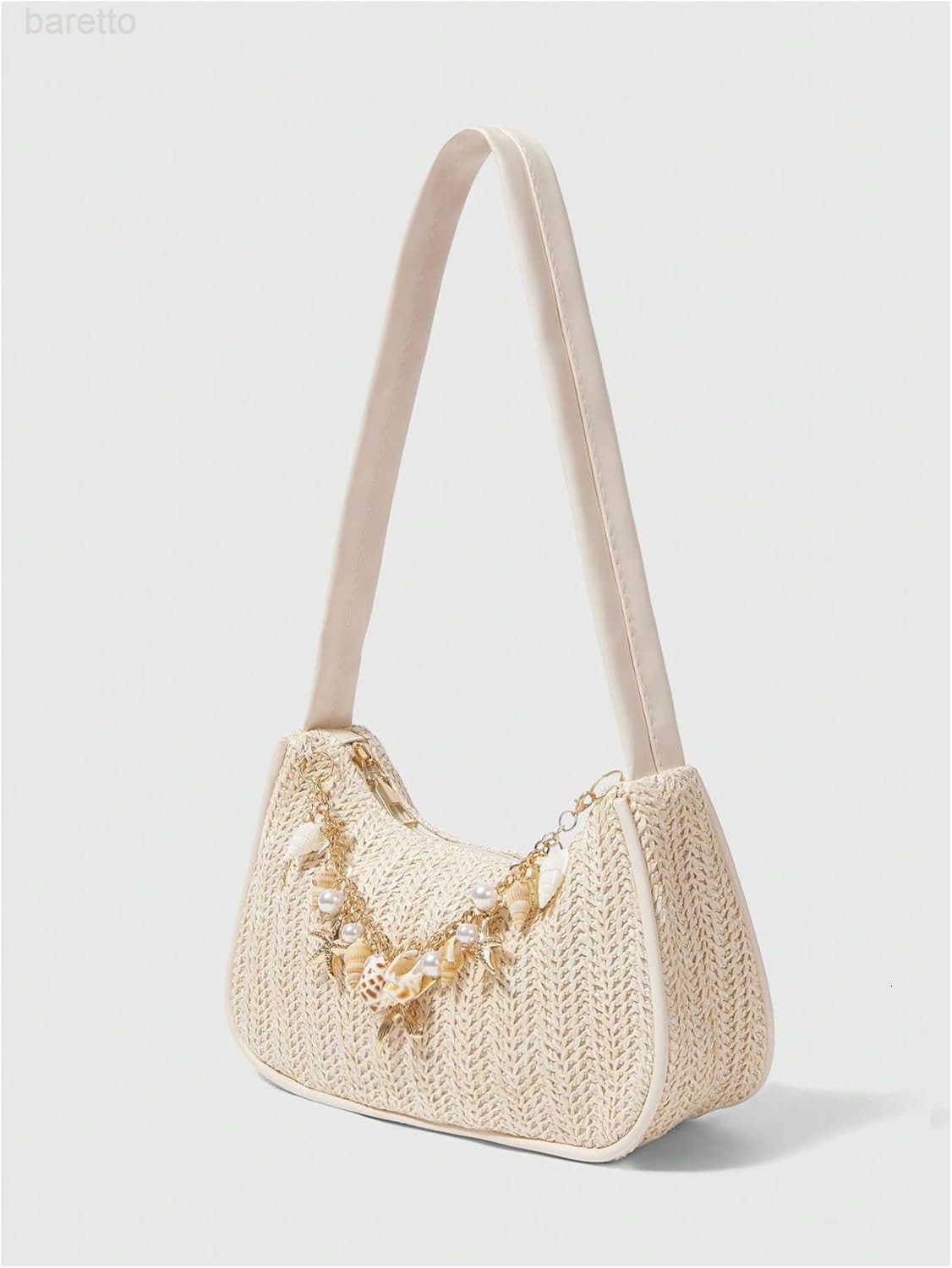 Womens Seashell Pearl Beaded Woven Underarm Shoulder Bags Beach Vacation Top Handle Zipper Single Strap Handbag Z250909