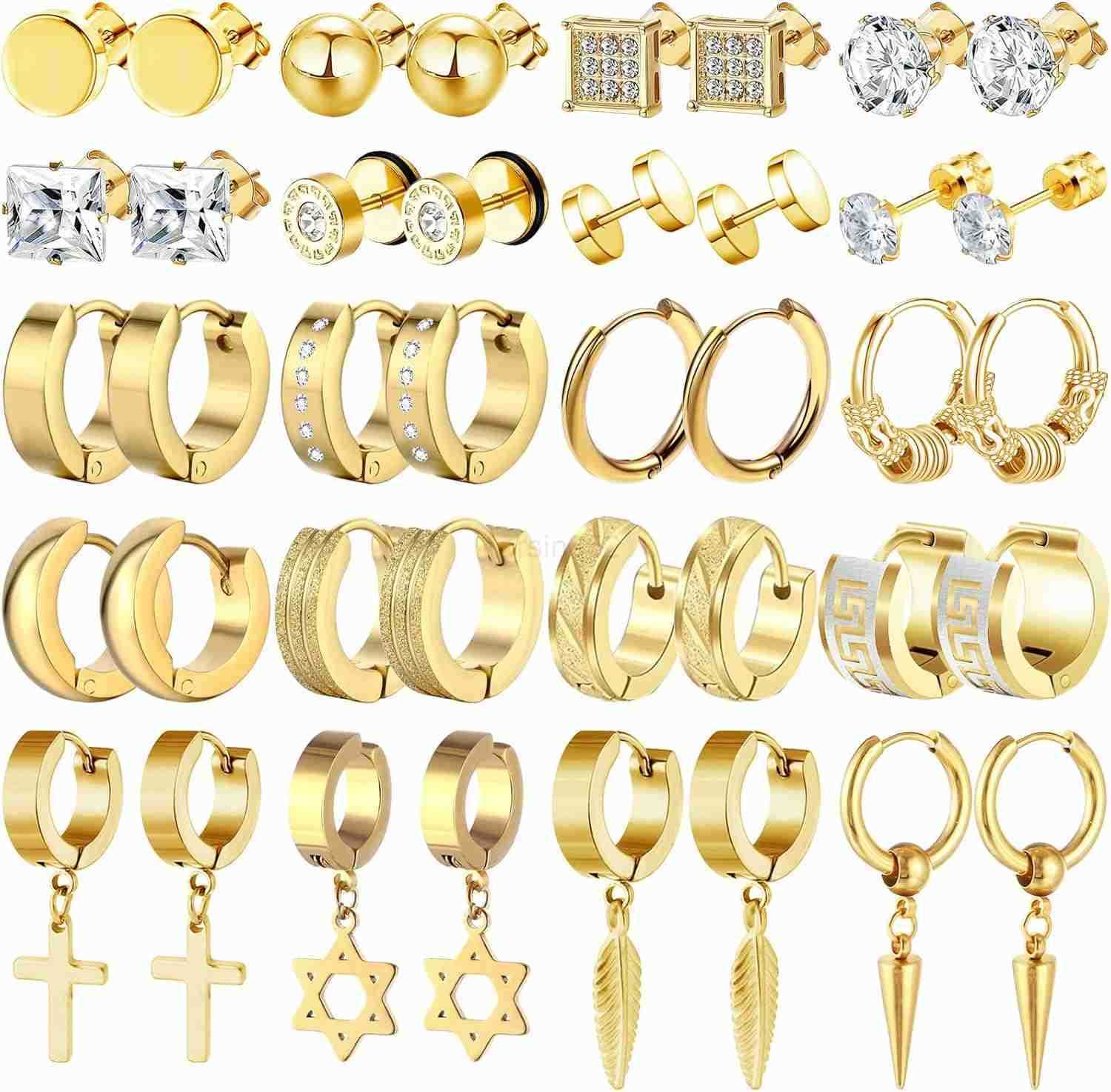 20 Pairs Stainless Steel Stud Earrings for Men Hypoallergenic Earring Unisex Punk Earring Hoop Hinged Dangle Cross Earrings for Men WomenW250909