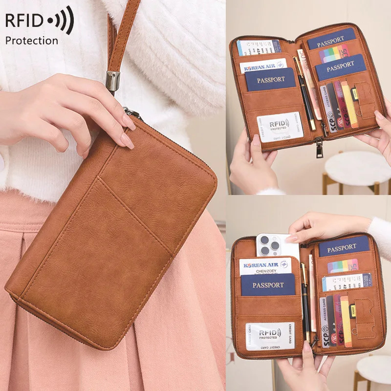 Travel Wallet Portable Passport Holder for Men and Women PU Leather Multifunctional Ticket Credit Card Bag Zipper Phone Bags250906