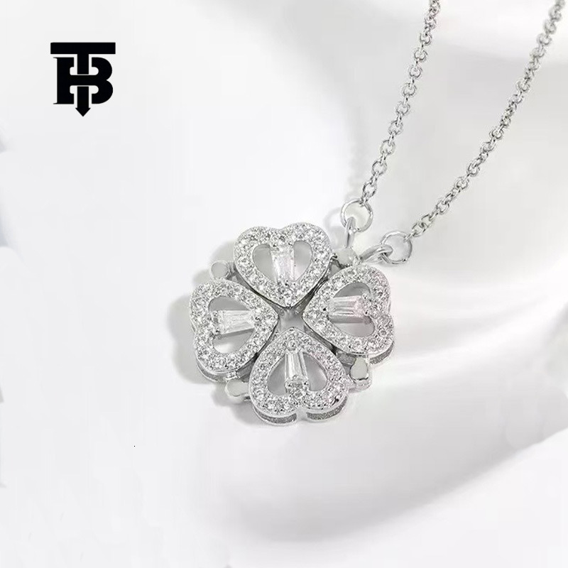 TB BHULAMTE Free Shipping New Designer Accessories Sterling Silver Heart Clover Open And Close Foldable Two-way Necklace Full Diamond Light Luxury Cla