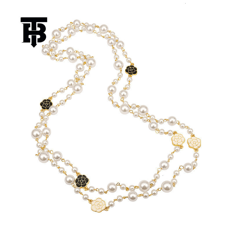 TB BHULAMTE Free Shipping New Designer Accessories Chanel Style Long Pearl Necklace Double Layer Camellia Sweater Chain For Women Trendy Autumn Winter