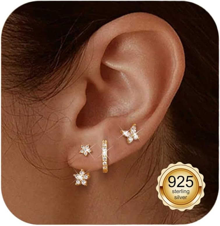 14K Gold Earrings for Women S925 Sterling Silver Earrings for Multiple Piercings Cartilage Stud Small Hoop Dainty Earrings SetW250909