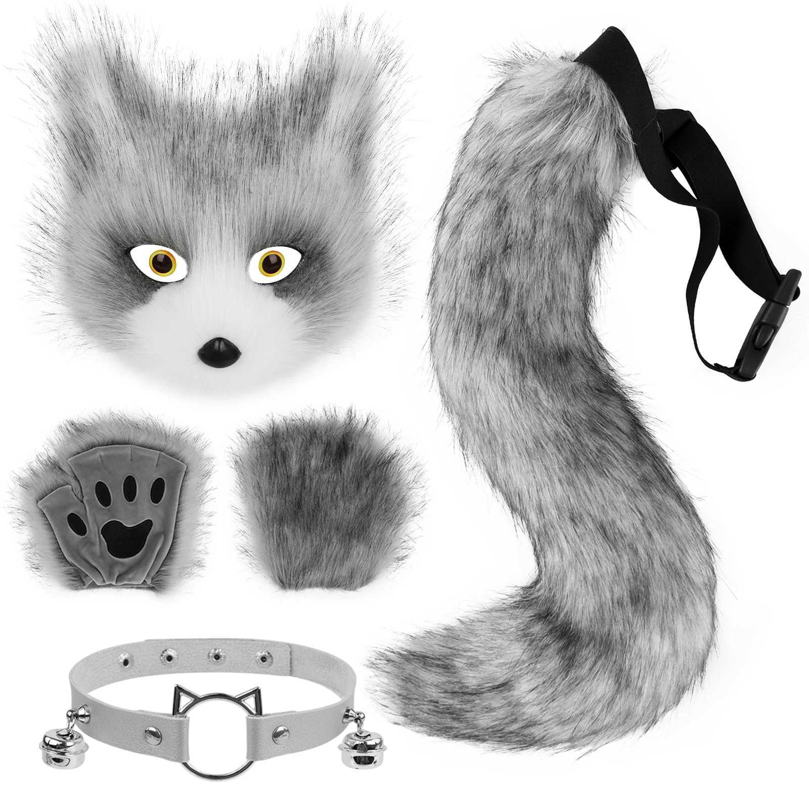 Faux Fur Fox Tail Cat Mask Paw Gloves and Leather Choker Costume Accessories Set for Cosplay Parties H250908