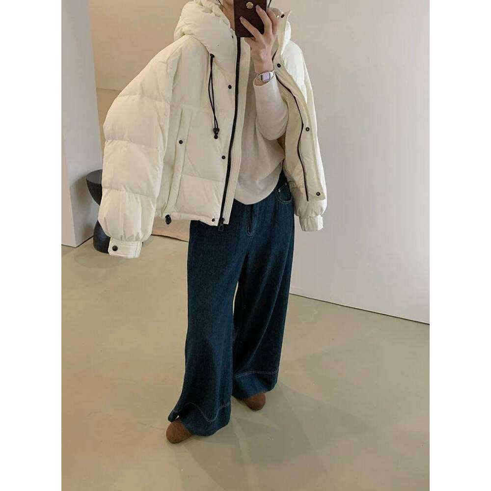 Winter Short Hooded Drawstring Women White Duck Loose Parker Down Jacket Female Solid Zipper Warm Bread Outwear