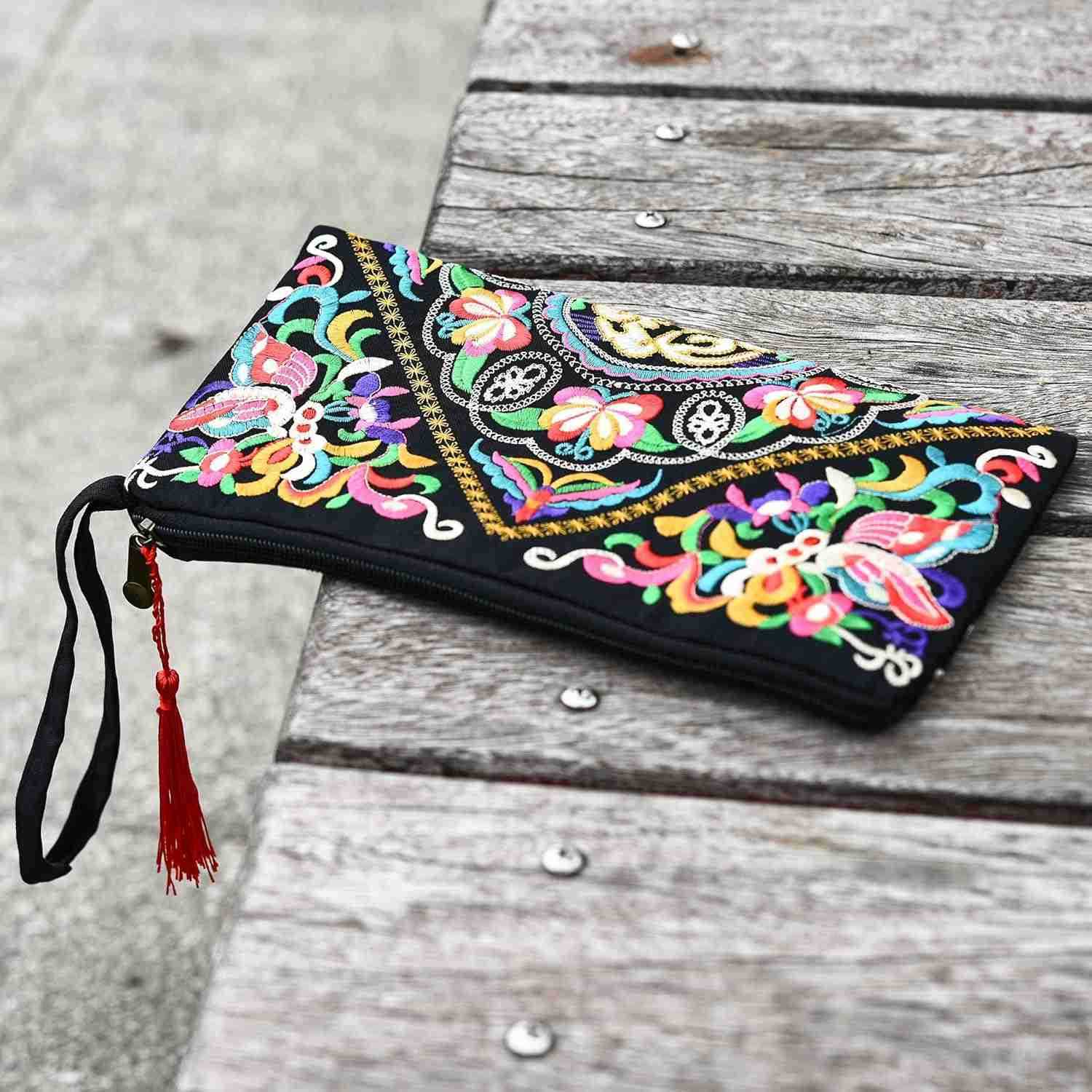 Embroidered Boho Wristlet Women Girls Evening Clutch Bags Handbags Handmade Beach Bag With Lanyard Z25909