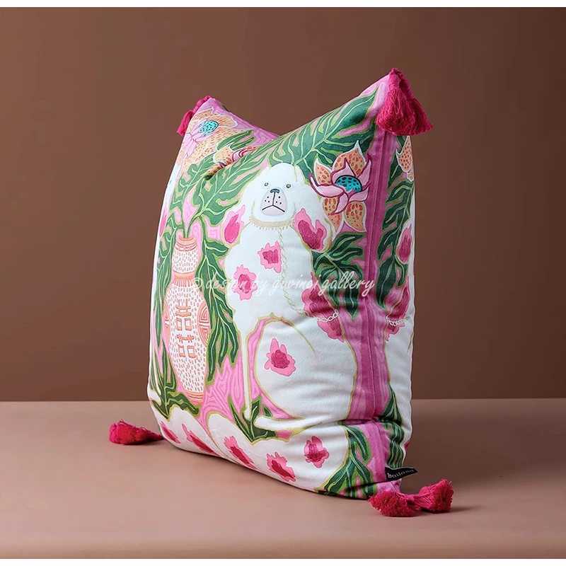 Luxurious GUVINCI Pink Lion Dog Decorative Cushion Cover Chinoiserie Style Luxury Mystical Animals Print Art Pillowcase For Sofa Bed Couch Y251109