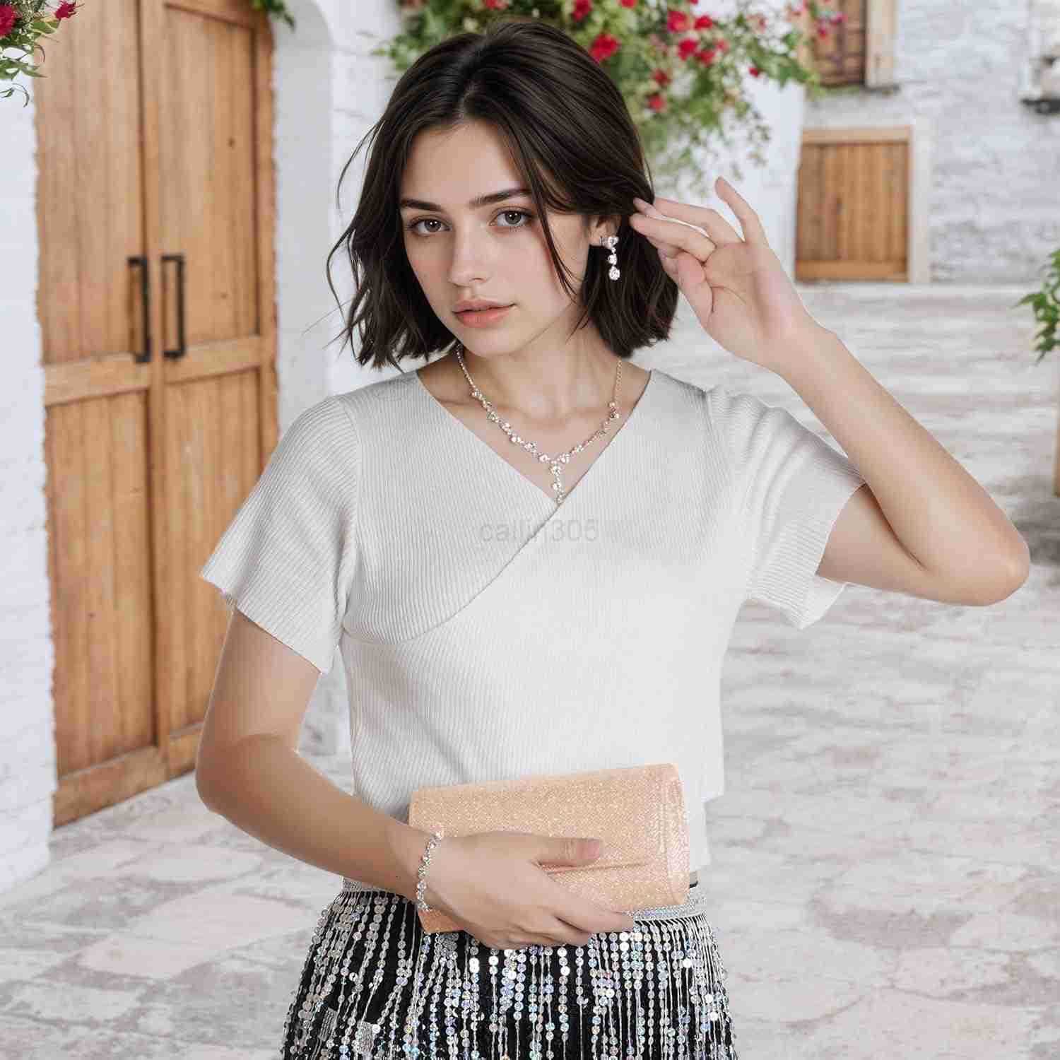 4 Pieces Women Evening Rhinestone Jewelry Set Bling Glitter Clutch Purse Necklace Earrings Bracelets for Women Bride Wedding Evening Party Z25909