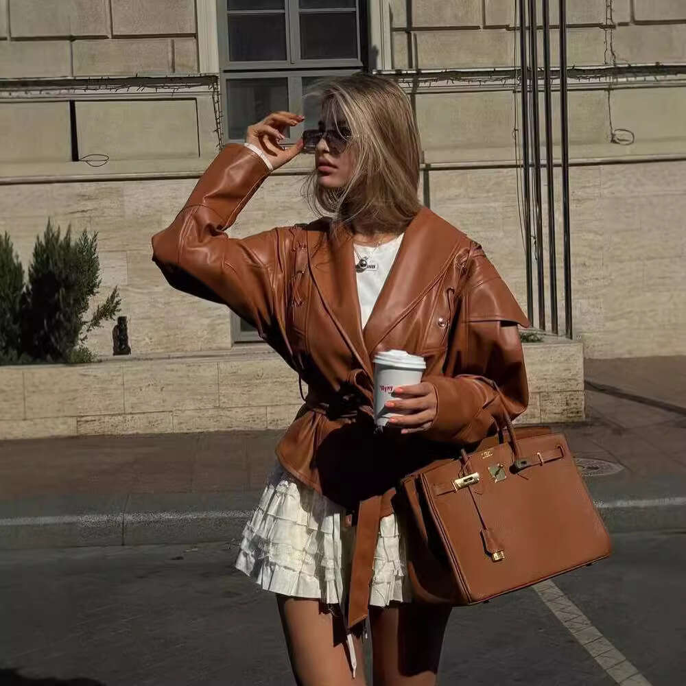 Women's jacket women's coat Hoodie hoodies tracksuit European and American Women's Clothing Hot-Selling American Retro Casual Faux Leat