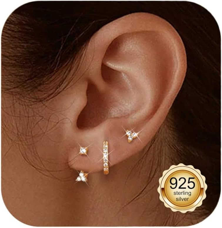 14K Gold Earrings for Women S925 Sterling Silver Earrings for Multiple Piercings Cartilage Stud Small Hoop Dainty Earrings SetW250909