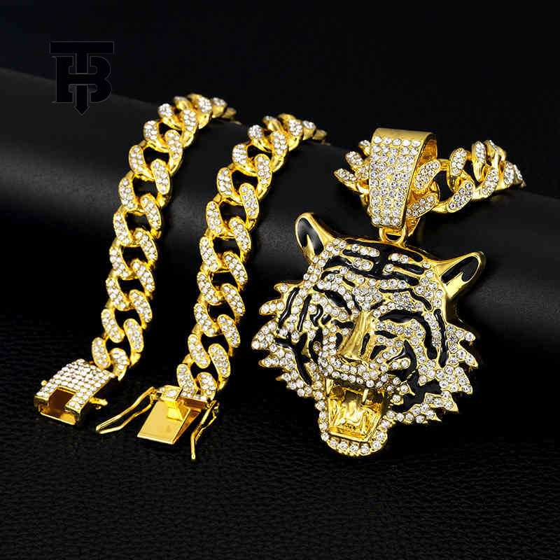 TB BHULAMTE Free Shipping New Designer Accessories Hot Selling High-quality Tiger Pendant Alloy Full Diamond Cuban Chain Hip-hop Trendy Men's Jew