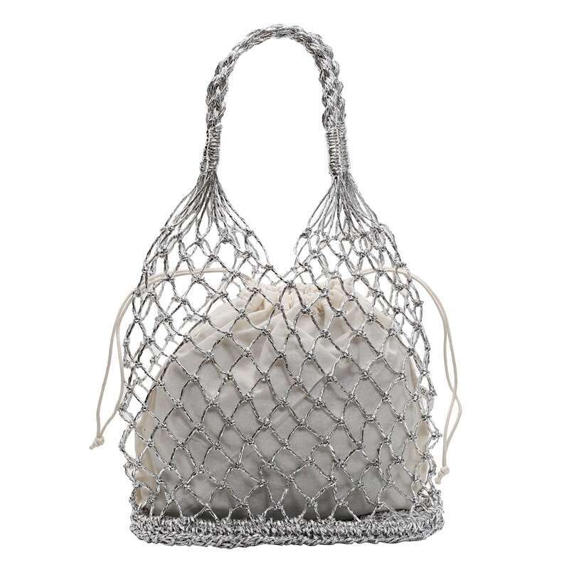 Shiny Korean INS Gold And Silver Thread Holiday Hollow Crochet Woven Personality Beach Handheld Basket Bag For Women