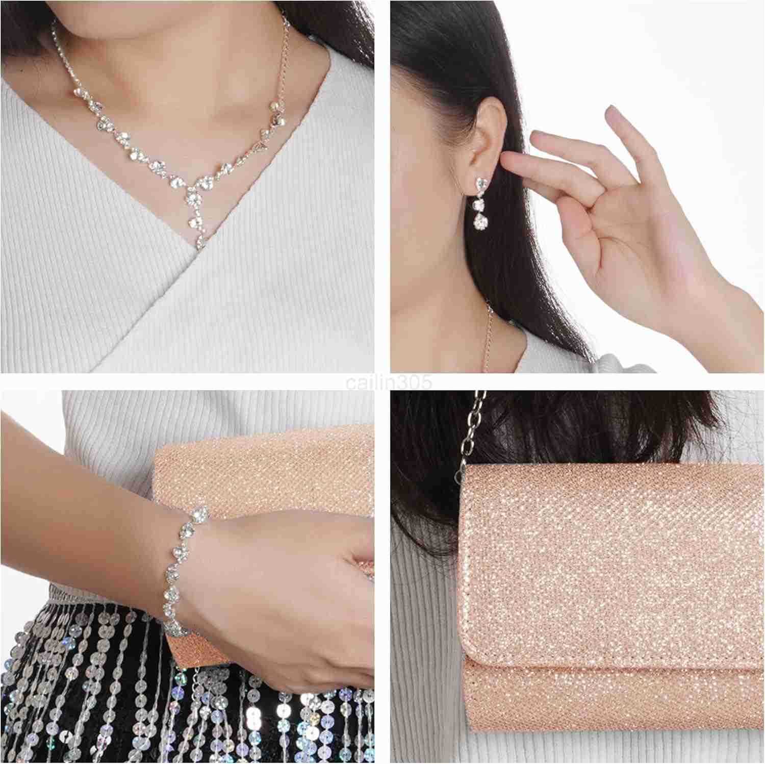 4 Pieces Women Evening Rhinestone Jewelry Set Bling Glitter Clutch Purse Necklace Earrings Bracelets for Women Bride Wedding Evening Party Z25909