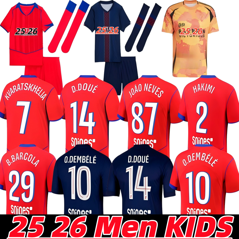 25 26 KVARATSKHELIA O.DEMBELE 4th occer jerey BARCOLA 25 26 VITINHA KOLO MUANI MARQUINHOS HAKIMI L.HERNANDEZ Maillot de football hirt Men Kid Kit