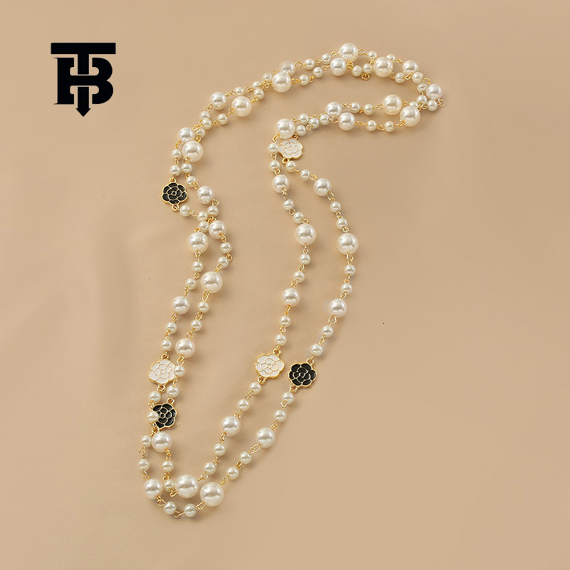 TB BHULAMTE Free Shipping New Designer Accessories Chanel Style Long Pearl Necklace Double Layer Camellia Sweater Chain For Women Trendy Autumn Winter