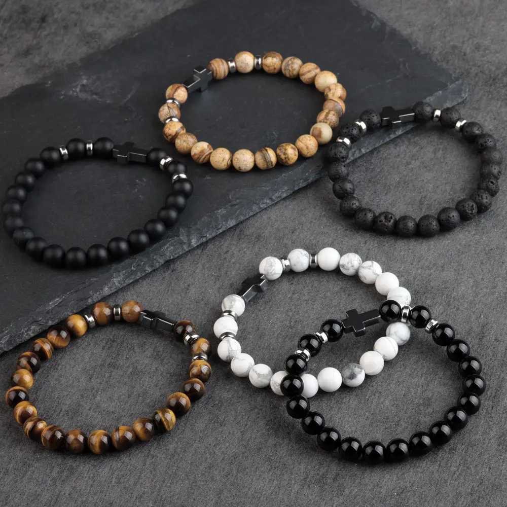Natural Stone Bracelets Hematite Cross Pendent 8mm Tiger Eye Black Onyx Lava Howlite Bead Elastic Rope Bracelet For Men GiftXJ250909