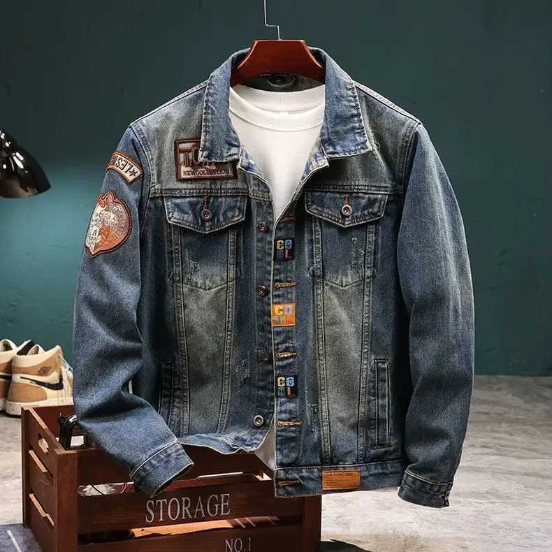 Korean Fashion Stylish Retro HighEnd Cotton Outerwear Men Single Breasted Casual Jacket Spring Autumn Embroidered Jeans Coat W250909