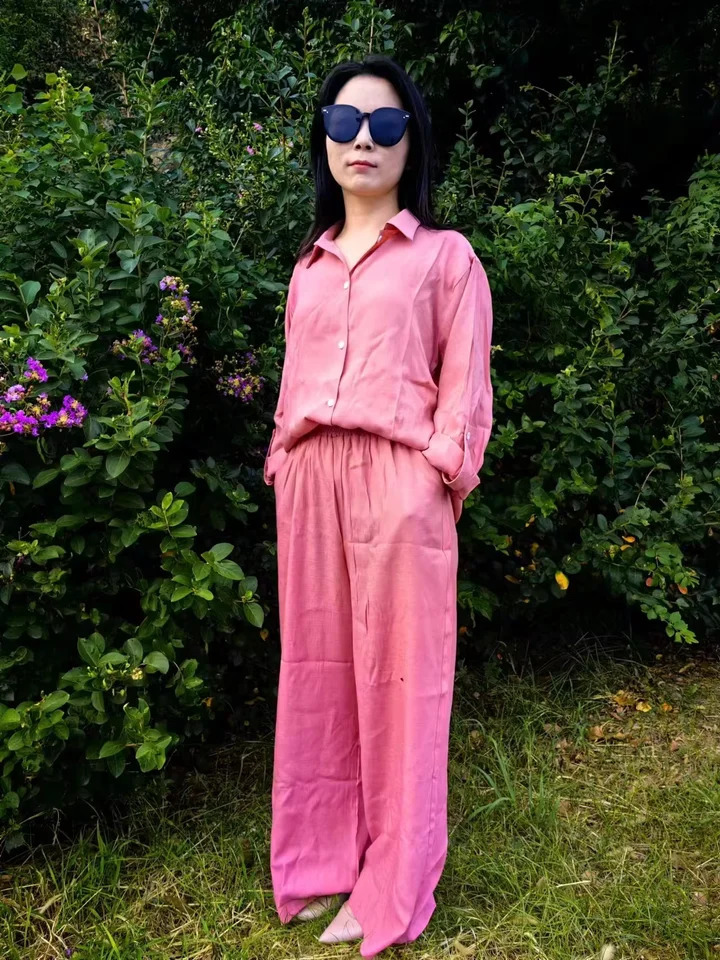 Women Linen Casual Shirt 2 Pieces Set Fashion Lapel Long Sleeve Button Blouse And Trousers Outfits Loose Wide Leg Pants Suits 250908