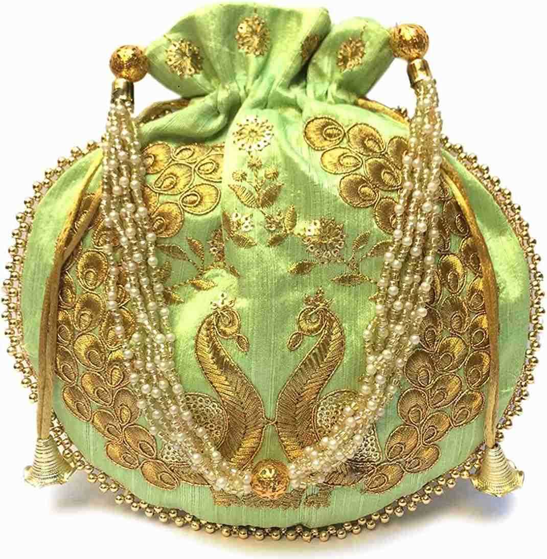 Ethnic Designer Embroidered Silk Potli Bag Batwa Pearls Handle Purse Clutch Purse for Women Z25909