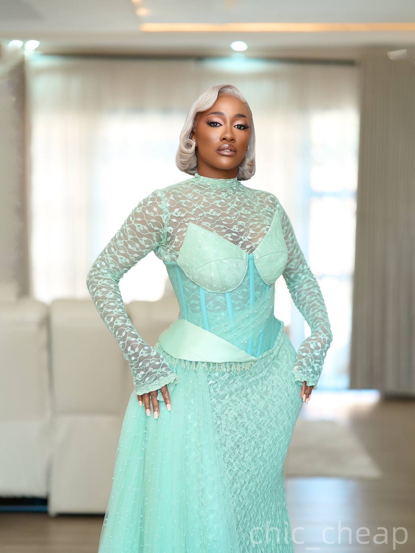 Mint Mermaid Prom Dresses 2025 Lace Pearls Full Sleeves Vintage Evening Formal Party Second Birthday Engagement Gowns Plus Size Dress For Special Occa
