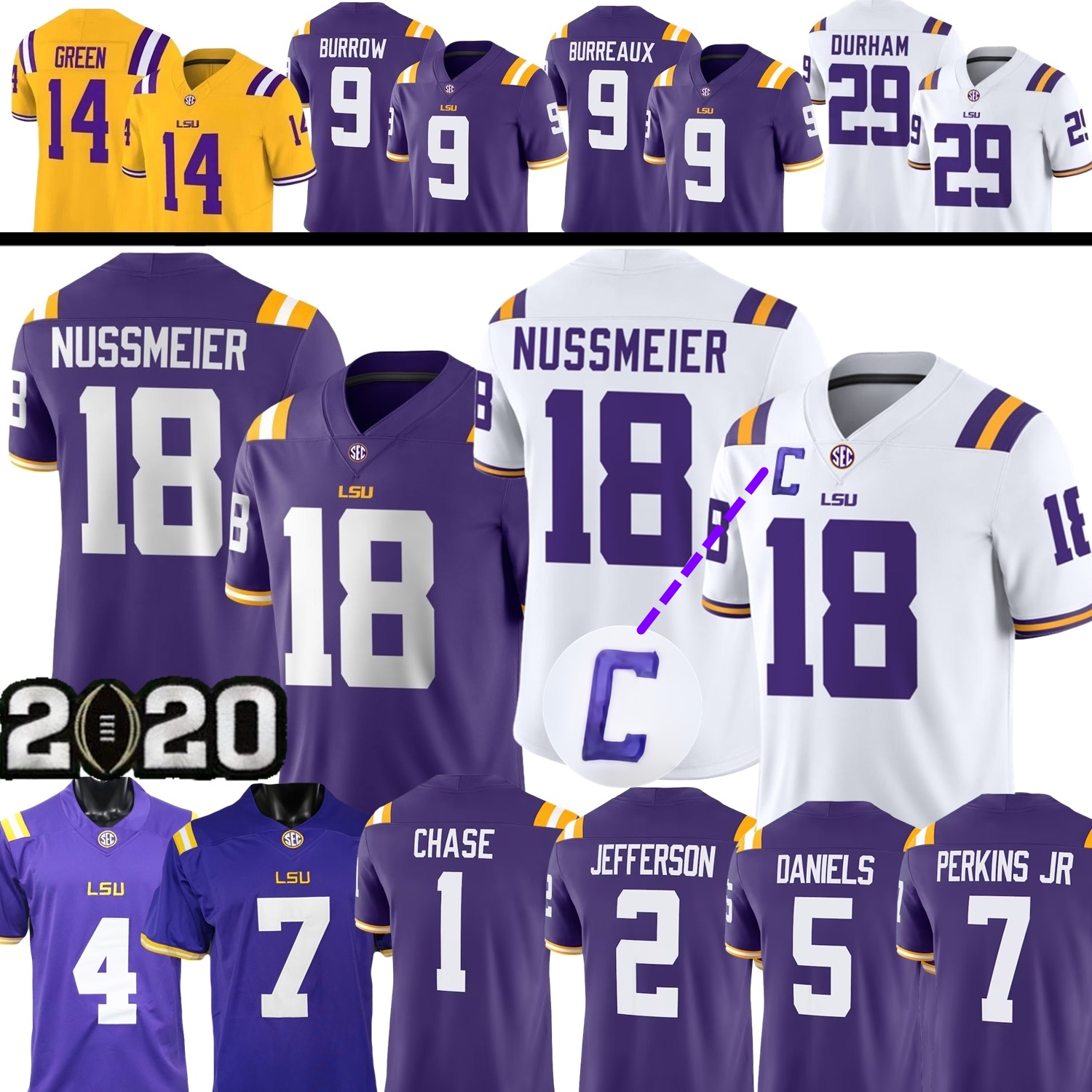 College Football Jersey Garrett Nussmeier Harold Perkins Jr. Joe Burrow Burreaux Harlem Berry Delane Brown Moses Thomas Payton Durham Jackson Hill Chase Daniels 3XL