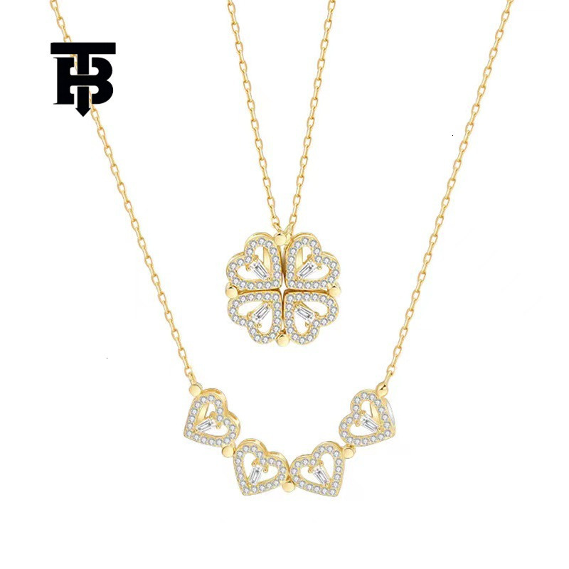 TB BHULAMTE Free Shipping New Designer Accessories Full Diamond Small Heart Multi-wear Heart Clover Necklace For Women Titanium Steel Clavicle Chain