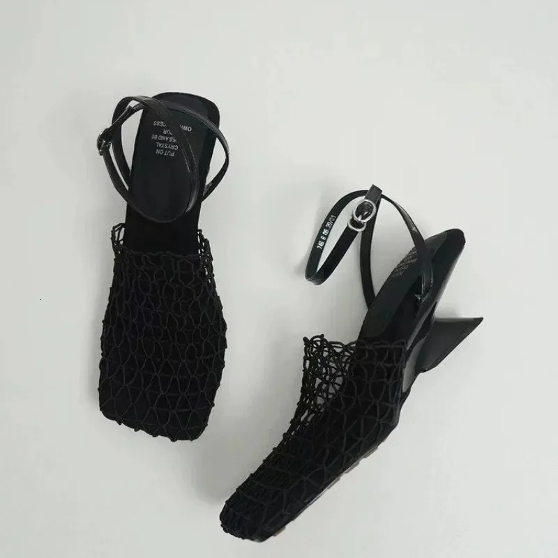 Summer Fashion er Sandals Womens Lace Mesh Square Toe Shallow Narrow Strap Braided Slipon High Heels Sandals 250908