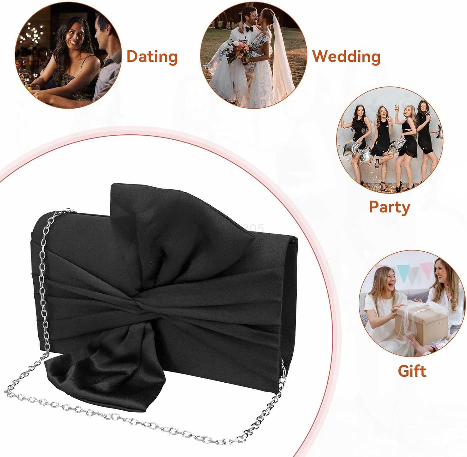 Womens Clutch BagPleated Satin Handbag Lady Pleated Bow Purse Evening Bag with Chain for Wedding Prom Formal Party Z25909