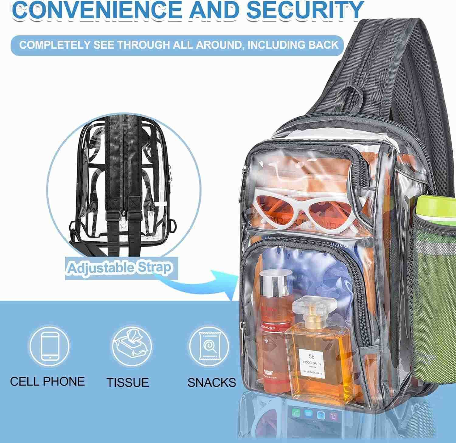 Backpack Stadium Approved Sling Bag with Adjustable Reinforced Straps 3 in 1 Crossbody Bag for Festivals and Games Grey Z250909