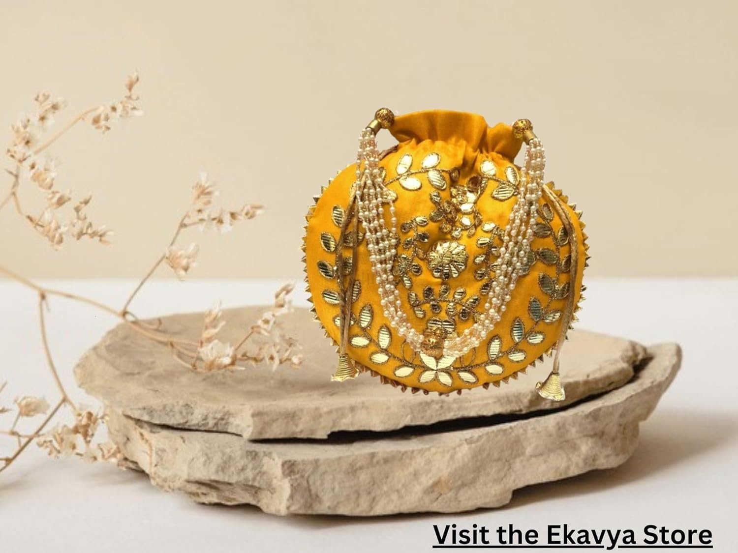 Bag For Women Indian Ethnic Designer Embroidered Silk Batwa Pearls Handle Purse Clutch Purse for Drawstring HL cm 23 24 Yellow Z25909