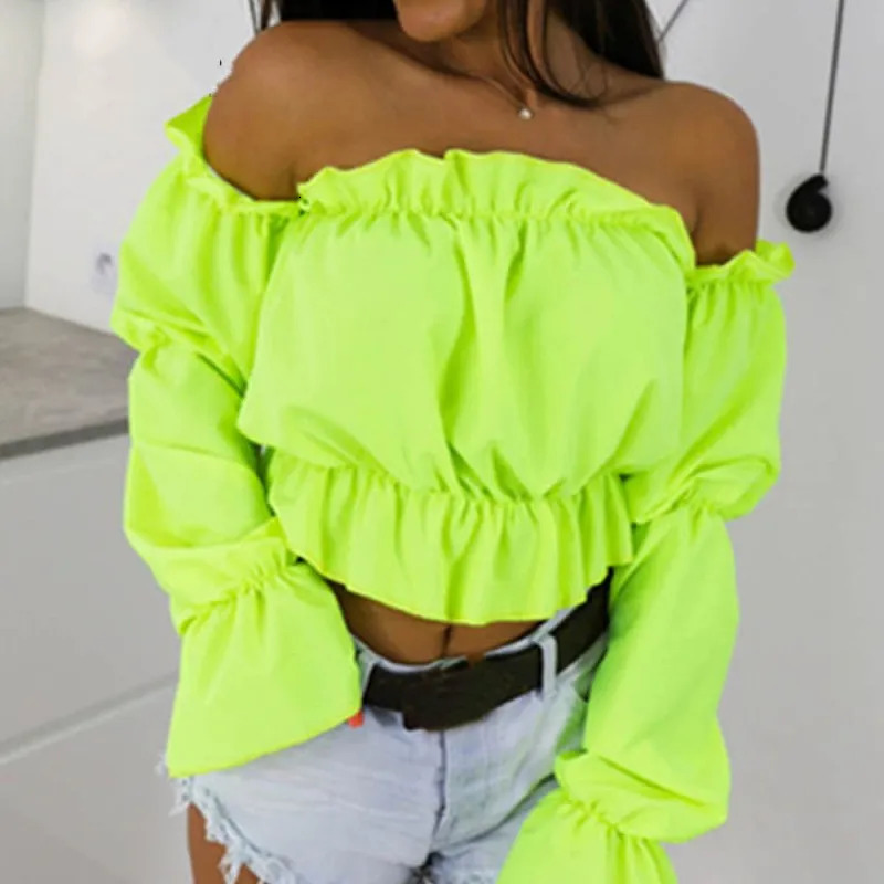 Candy Color Off Shoulder Crop Tops women Summer dot print lantern sleeve shirts Lady Sexy Slash neck beach blouse 250909