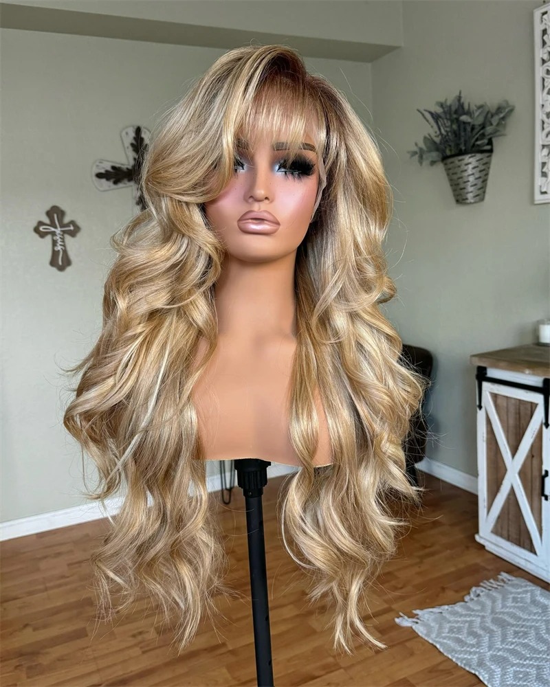 Light Honey Blonde Highlights Ombre Blonde Wig Body Wave Human Hair Wigs with Bangs Glueless Lace Wigs 13x4 Transparent Lace Front Wig For Women