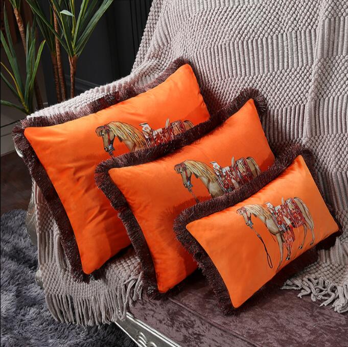 Designer Luxury European American Luxury Printed Cushion Cover Horse Pattern Velvet Pillowcase Lumbar Pillow Cover Tassel Edge