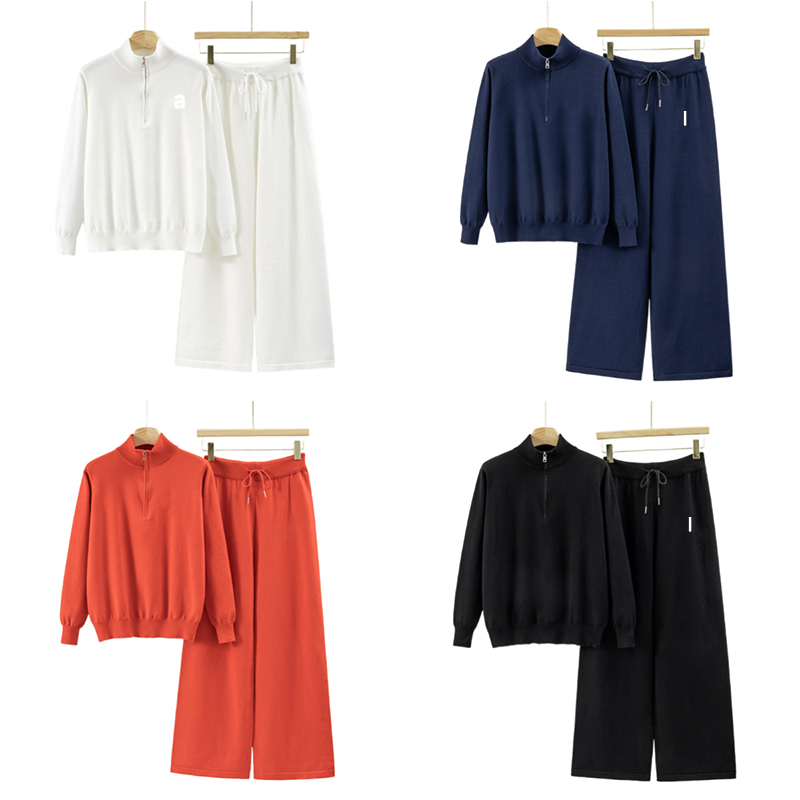 Women Knitted Set Two-Piece Set Tracksuit Women Slimming Sports Set Stand Collar Womens Coat Half Zipper Top Wide Legs 87752888