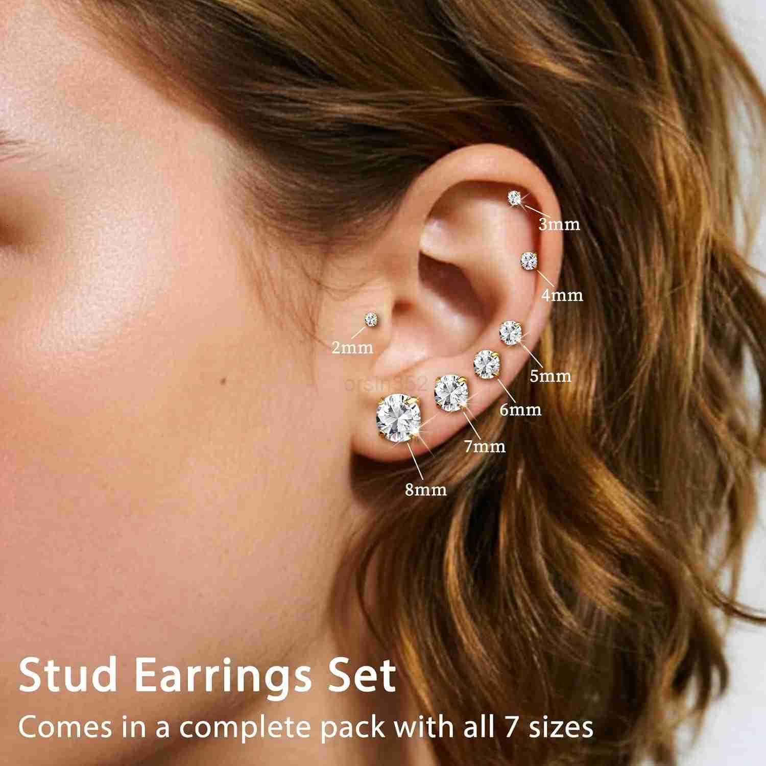 7 Pairs 20G Flat Back Stud Earrings for Women Men Hypoallergenic 14K Gold Plated Surgical Steel Stack Cartilage Earrings for Multiple Piercing Sensiti