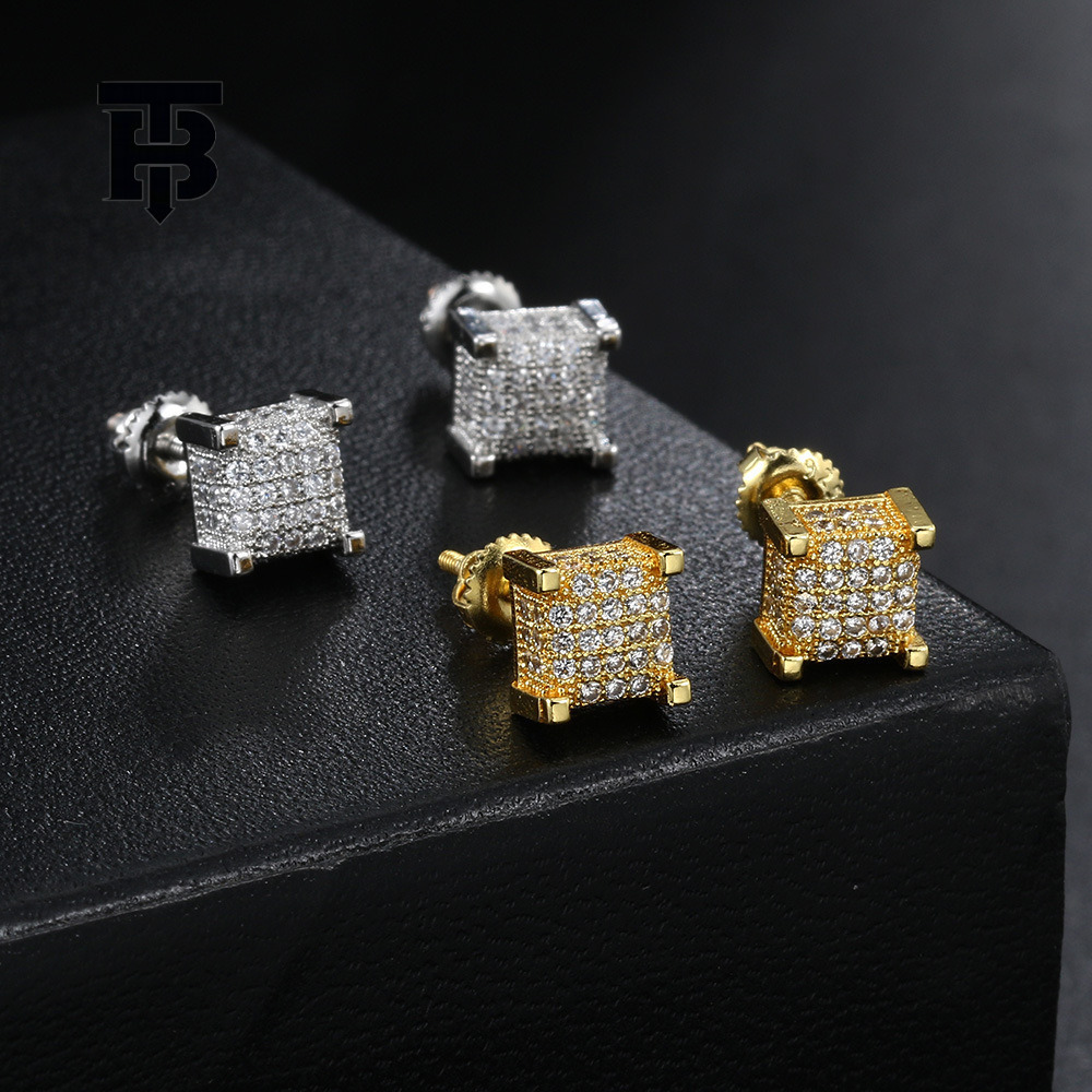 TB BHULAMTE Free Shipping New Designer Accessories Popular Square Thread Mens Earrings With Zircon Full Diamond Earrings Street Style Hip Hop Fashion 